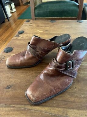 Womens Brown Leather Slip-On Mule with Buckle Strap accent